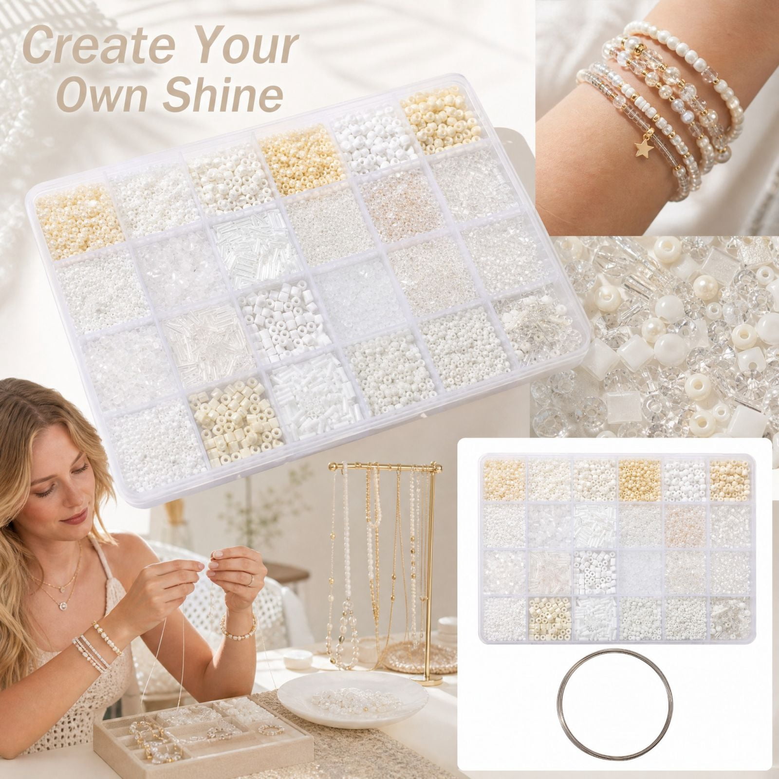 Bead Storage Box DIY Jewelry Making Kit 24-Compartment Set with Glass ...