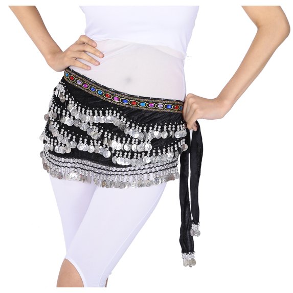 Bead Velvet Hip scarf Belly Dance Class Belt Scarves Wrap with Black/Silver coin