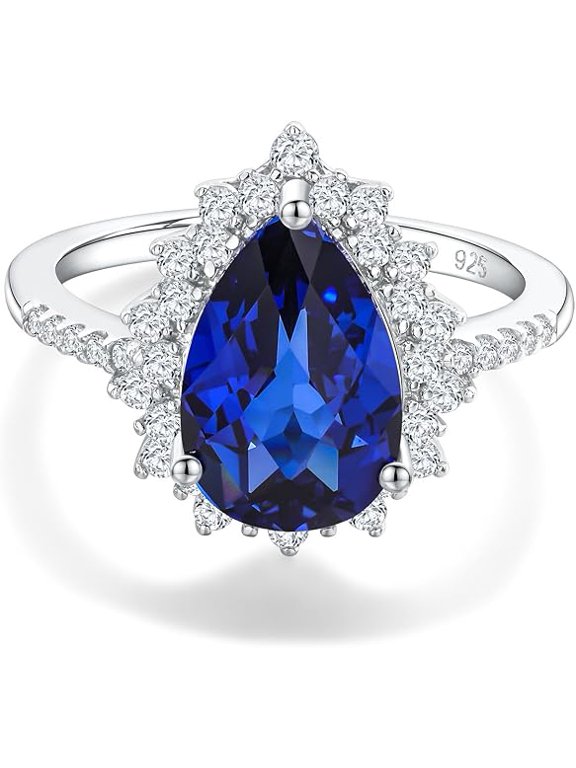 925 Sterling Silver Sunburst Halo Ring, Pear Blue Sapphire-5