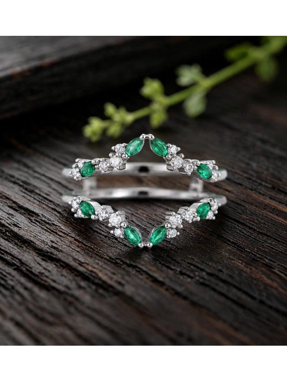 Marquise Cut Green Emerald Ring Guard for Women, Cluster V Ring Enhancer, 925 Sterling Silver Wedding Band-5
