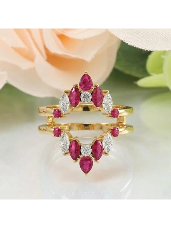 Ring Enhancer Guard for Women, Pink Ruby Pear and Marquise Gold Plated 925 Sterling Silver Band-8.5