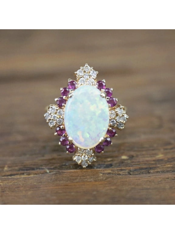 Sterling Silver Oval Created Opal Ring for Women, Pink Ruby CZ, Gold Plated-8.5