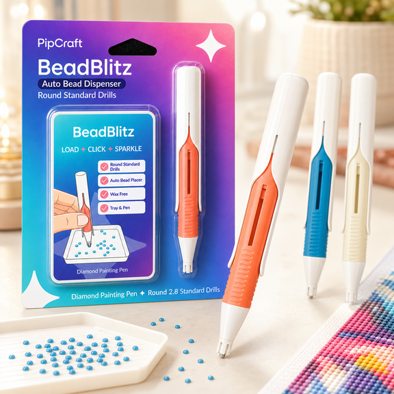 BeadBlitz Automatic Diamond Painting Pen, Reloadable Bead Dispenser for Round 2.8mm Standard Drills, Wax-Free Diamond Art Placement Tool with Silicone Loading Tray