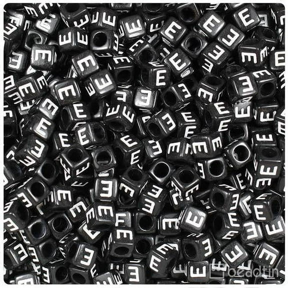 BeadTin Black Opaque 6mm Cube Alpha Beads - White Letter E (80pcs)