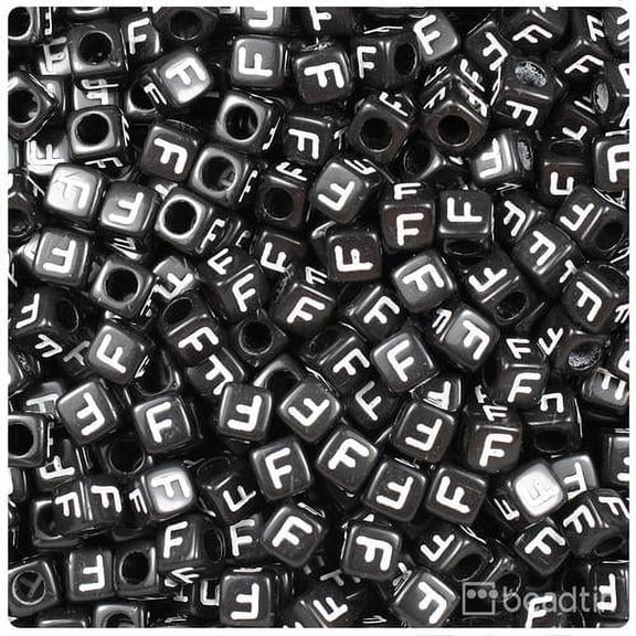 BeadTin Black Opaque 6mm Cube Alpha Beads - White Letter F (80pcs)
