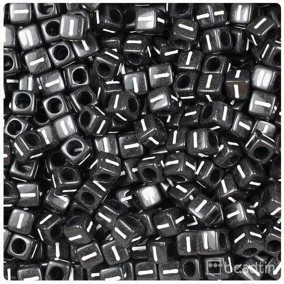 BeadTin Black Opaque 6mm Cube Alpha Beads - White Letter I (80pcs)