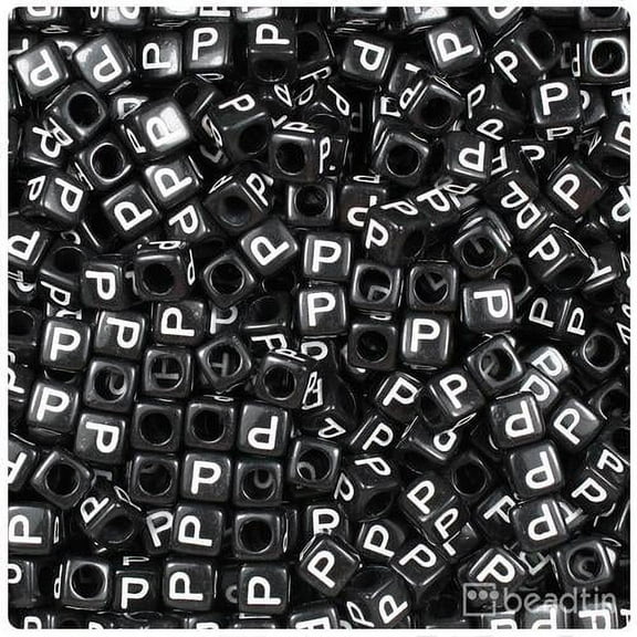 BeadTin Black Opaque 6mm Cube Alpha Beads - White Letter P (80pcs)