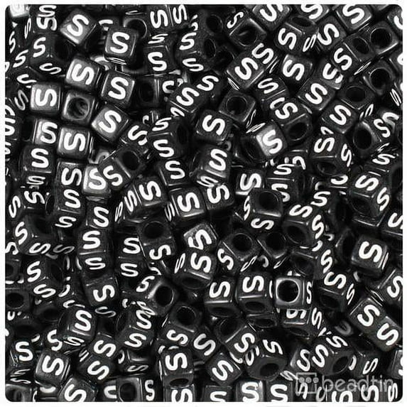 BeadTin Black Opaque 6mm Cube Alpha Beads - White Letter S (80pcs)