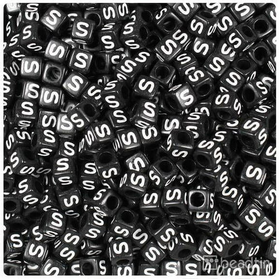 BeadTin Black Opaque 6mm Cube Alpha Beads - White Letter S (80pcs)