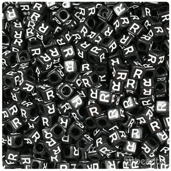 BeadTin Black Opaque 6mm Cube Plastic Alpha Beads - White Letter R (80pcs)