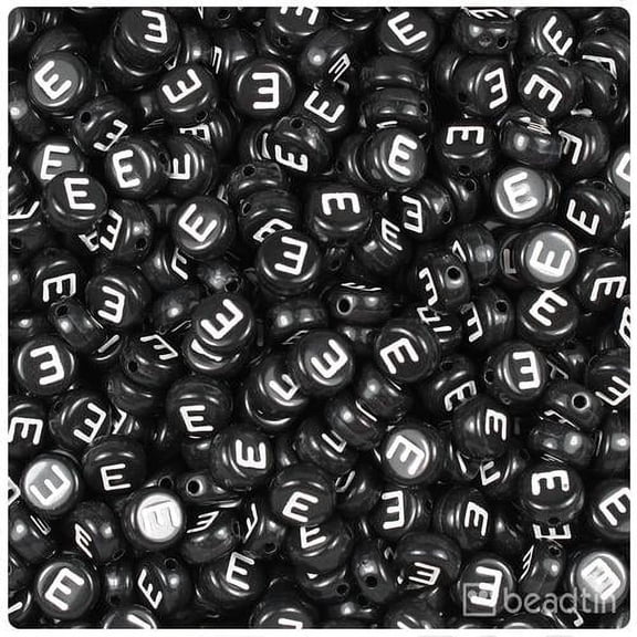 BeadTin Black Opaque 7mm Coin Alpha Beads - White Letter E (100pcs)