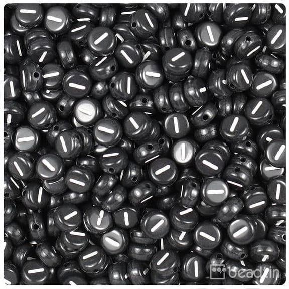 BeadTin Black Opaque 7mm Coin Alpha Beads - White Letter I (100pcs)