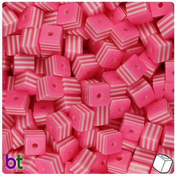BeadTin Dark Pink & White Striped 8mm Cube Resin Beads (100pcs)