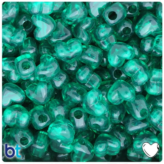 BeadTin Emerald Transparent 12mm Heart (HH) Plastic Pony Beads (250pcs)