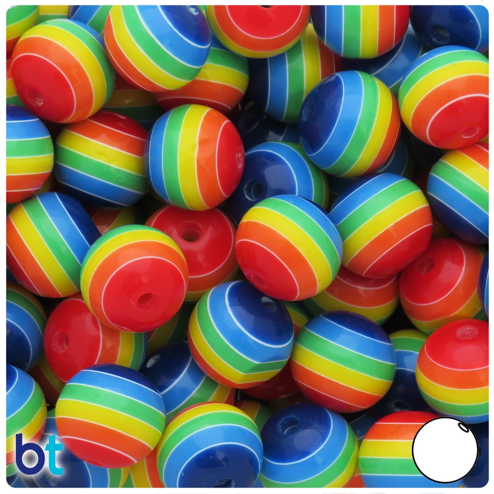 BeadTin Rainbow & White Striped 16mm Round Plastic Resin Beads (18pcs)
