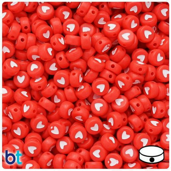 BeadTin Red Opaque 7mm Coin Alpha Beads - White Hearts (250pcs)