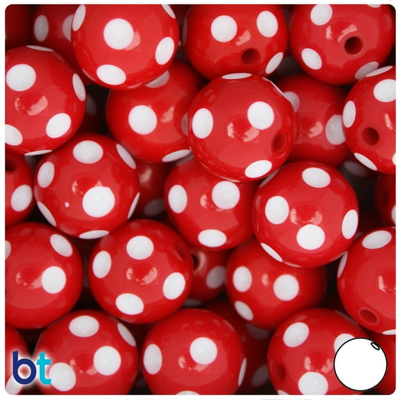 BeadTin Red & White Polka Dot Opaque 20mm Round Plastic Beads (10pcs)