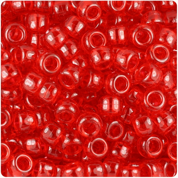 BeadTin Ruby Transparent 9mm Barrel Pony Beads (500pc)