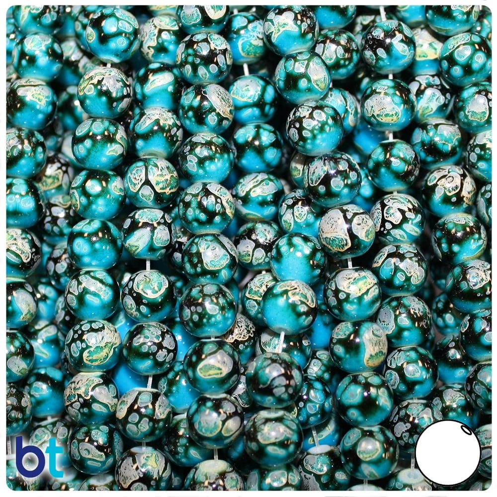 BeadTin Turquoise, Black & Gold Polished 8mm Round Fashion Glass Beads (100pcs)