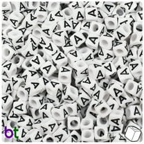 BeadTin White Opaque 6mm Cube Plastic Alpha Beads - Black Letter A (80pcs)