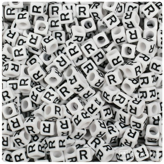 BeadTin White Opaque 6mm Cube Plastic Alpha Beads - Black Letter R (80pcs)
