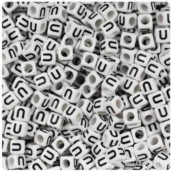 BeadTin White Opaque 6mm Cube Plastic Alpha Beads - Black Letter U (80pcs)