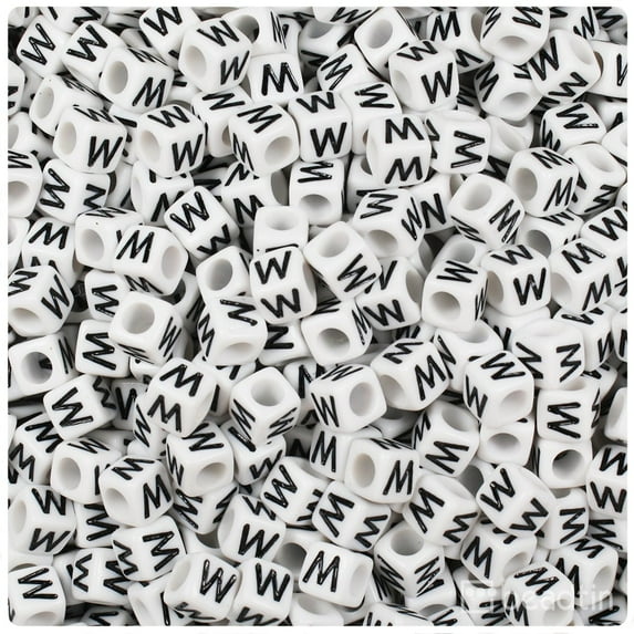 BeadTin White Opaque 6mm Cube Plastic Alpha Beads - Black Letter W (80pcs)