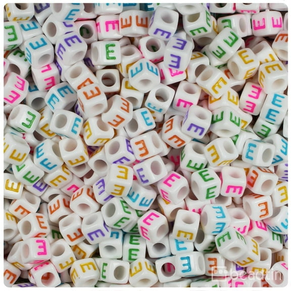 BeadTin White Opaque 6mm Cube Plastic Alpha Beads - Colored Letter E (80pcs)