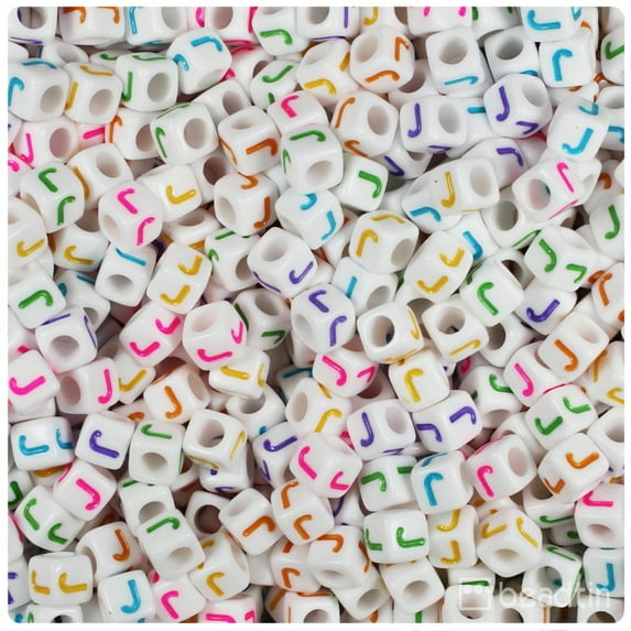 BeadTin White Opaque 6mm Cube Plastic Alpha Beads - Colored Letter J (80pcs)