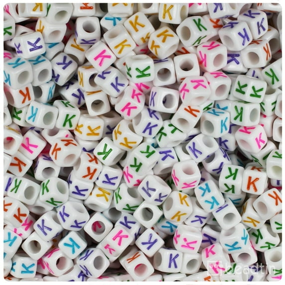 BeadTin White Opaque 6mm Cube Plastic Alpha Beads - Colored Letter K (80pcs)