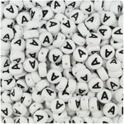 BeadTin White Opaque 7mm Coin Plastic Alpha Beads - Black Letter A (100pcs)