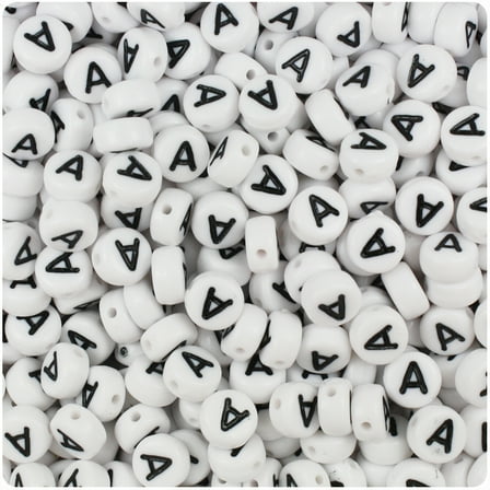 BeadTin White Opaque 7mm Coin Plastic Alpha Beads - Black Letter A (100pcs)