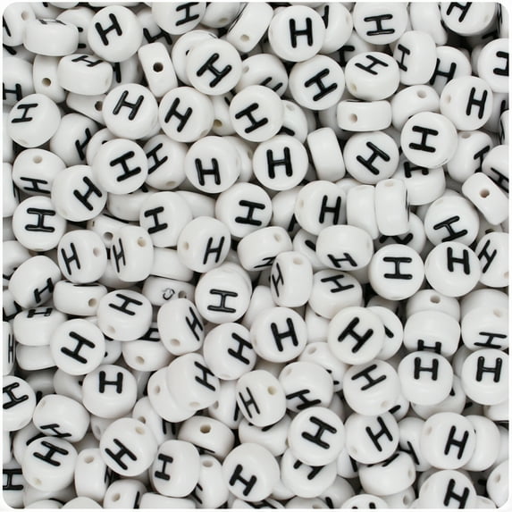 BeadTin White Opaque 7mm Coin Plastic Alpha Beads - Black Letter H (100pcs)