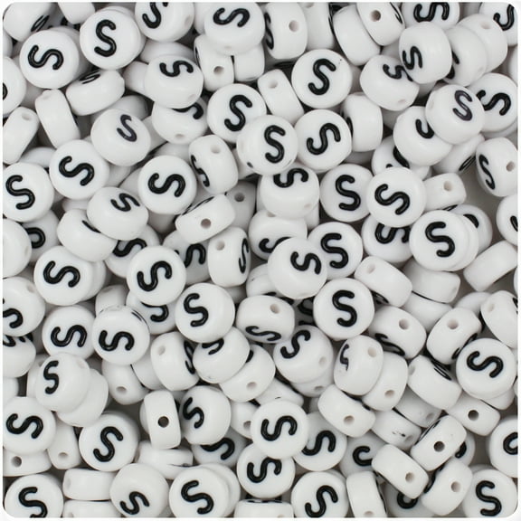 BeadTin White Opaque 7mm Coin Plastic Alpha Beads - Black Letter S (100pcs)