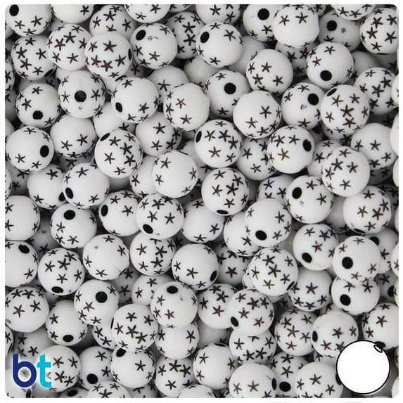 BeadTin White Opaque 8mm Round Acrylic Accent Beads - Black Stars (150pcs)
