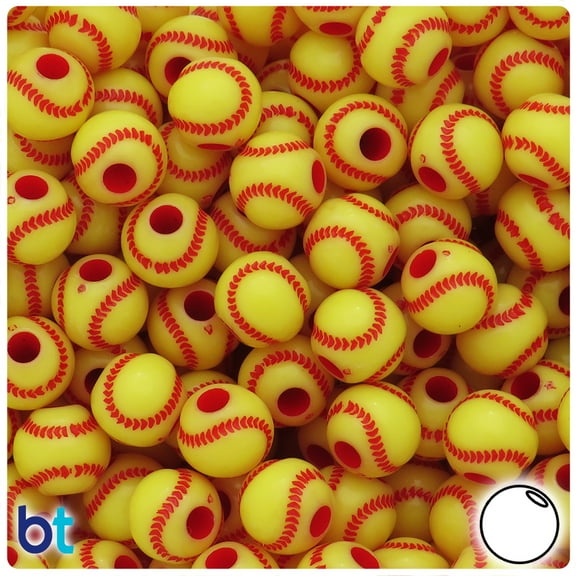 BeadTin Yellow Opaque 12mm Round Pony Beads - Red Baseball Design (48pcs)