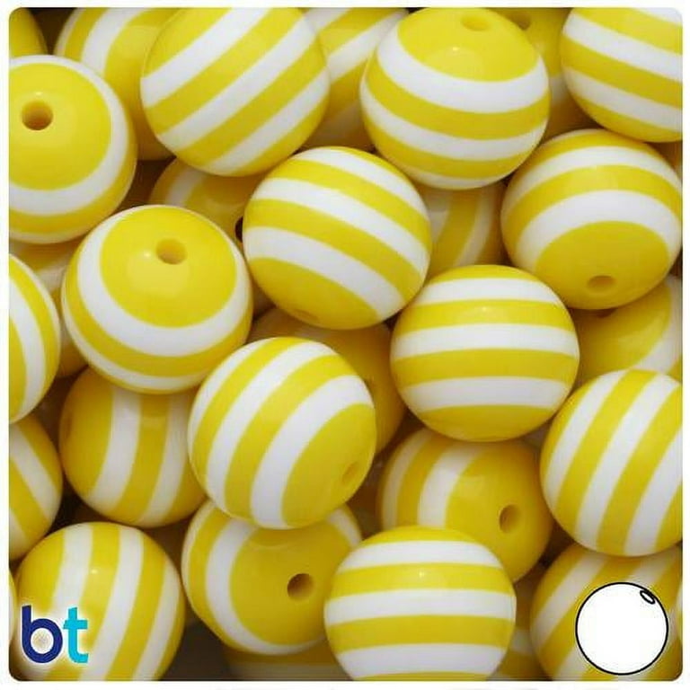 Beadtin Yellow & White Striped 20mm Round Resin Beads (10pcs), Size: 20 mm