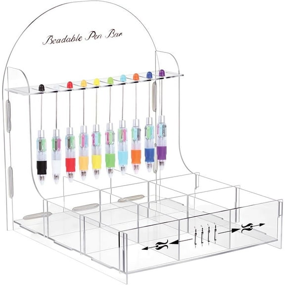 Beadable Pen Storage Organizer Acrylic Pen Display Stand with Sorting Tray 10 Slots with 9 Grid Organizer Box DIY