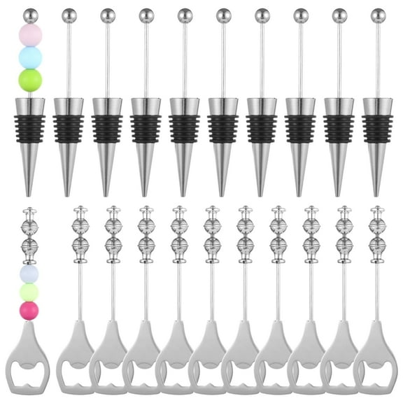 Stainless Steel DIY Beadable Wine Stoppers + Beer Openers Gift Set (10+10) - Personalize Reusable Bottle Stoppers, Universal Sealers for Wine/Beer Bottles for Party