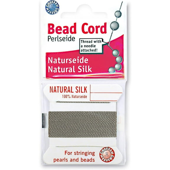 Griffin Silk Bead Cord Perlseide – Grey Color – Size 4 (0.60mm) – 2 meters per card – Stainless Steel Needle Attached – For Knotting Pearls, Gemstones, Crystals and Beads