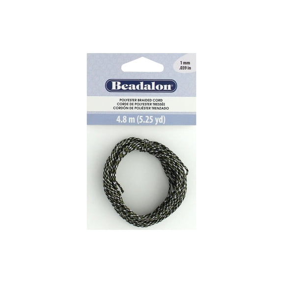 Beadalon Poly Braided Cord 1mm 5.25yd Blk,Grey,Wht