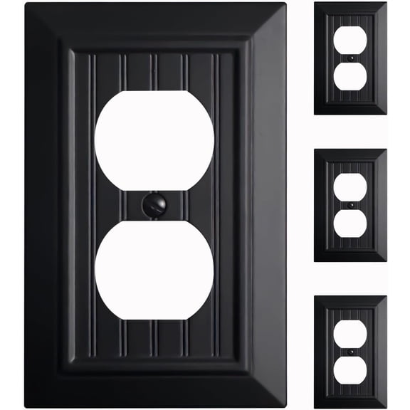 Beadboard Wall Plate Outlet Cover, Bamboo Fiber Light Switch Plate, Matte Black, 1 Gang Duplex, 4 Pack