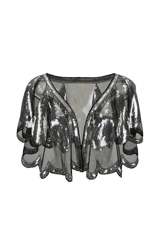 Beaded 1920s Shawl Coverup Cape Coverage Capelet Cardigan for Women Prom Wedding Black/Silver