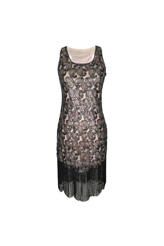 Beaded 20's Vintage Women's Fashion Fapper Gatsby Wedding Theme Clothing Dress Black/Beige