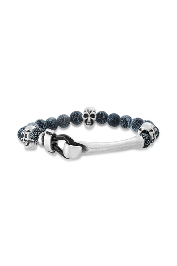 Beaded Agate Men's Bracelet with Bone Shaped Hook Clasp and Skull Beads