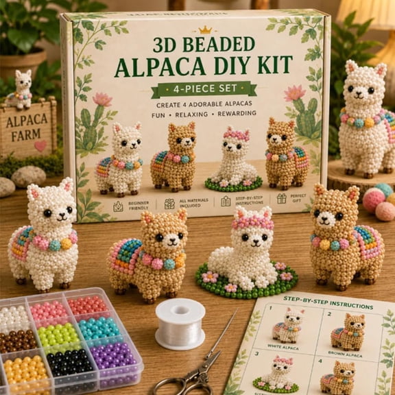 Beaded Animal Kit - Tiny 3D Beaded Animal DIY Kit, Embroidery Making Kit for Beginners and Adults with Instructions, Storage Box (Alpaca)