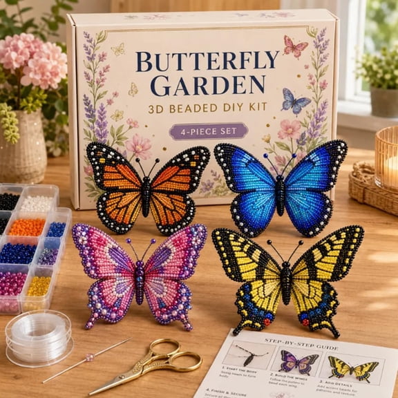 Beaded Animal Kit - Tiny 3D Beaded Animal DIY Kit, Embroidery Making Kit for Beginners for Adults with Instructions, Storage Box (Butterfly Garden)