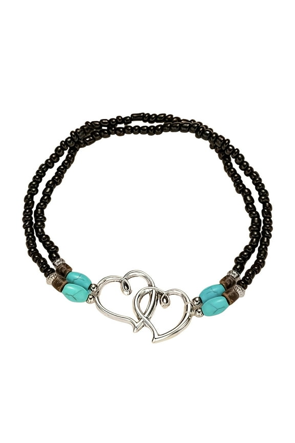 Beaded Ankle Bracelet for Women Double Layered Elastic Beaded Anklet Bracelets Double Hollow Hearts Anklet Boho Turquoise Foot Bracelet Summer Beach Jewelry Gift for Women