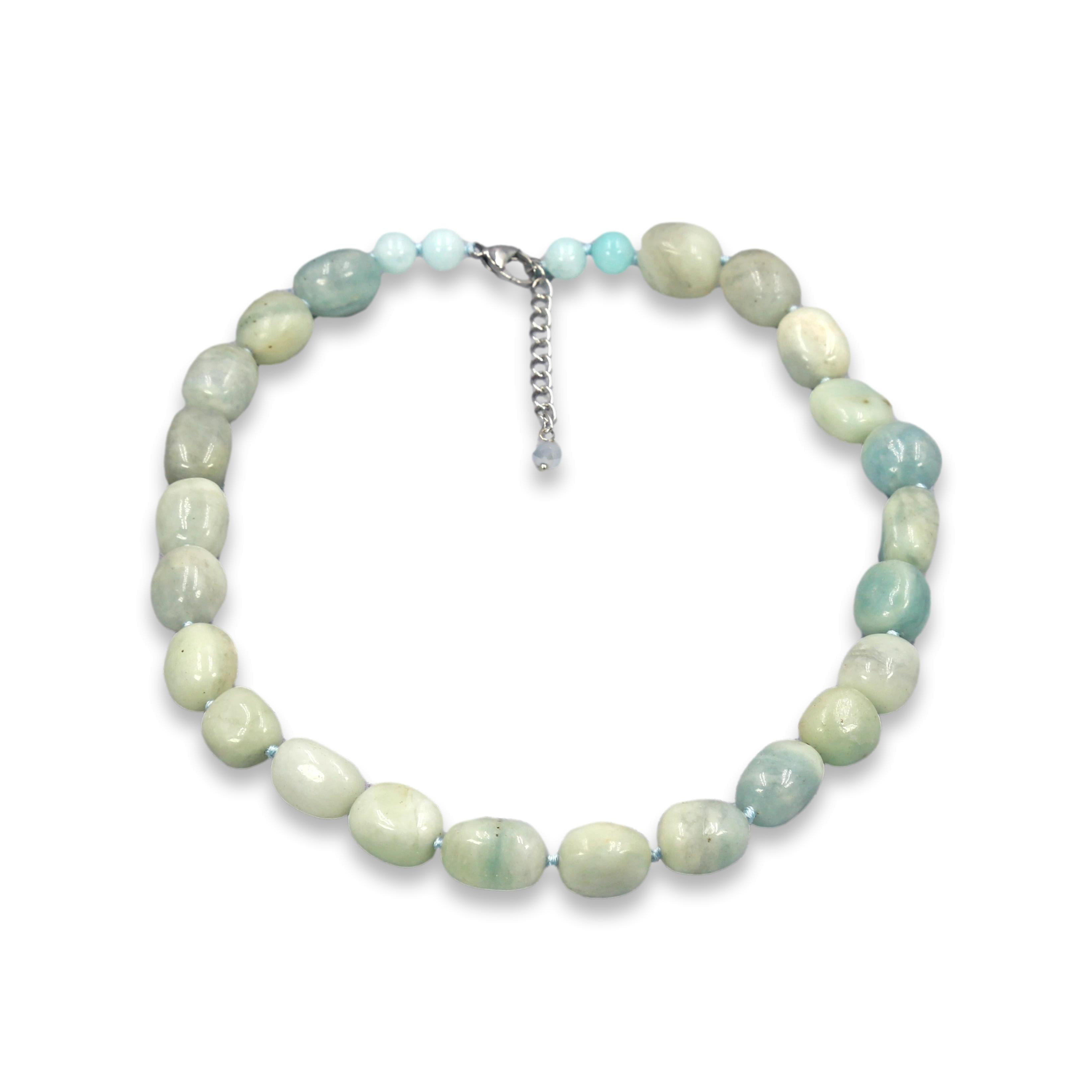 8mm Natural Aquamarine Gemstone Necklace – Blue Round Beads, 18 Inches, Silver Plated