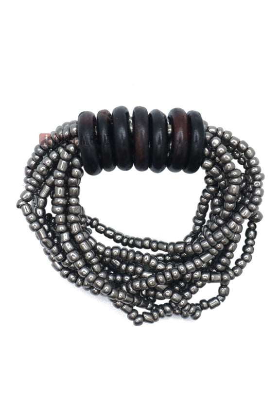 Beaded Bali Bracelet  Hematite Handcrafted 10-Strand Elastic Stretchy WomenS Jewelry With Wood Rings Size 6.5-7.5 Inch With Gift Box